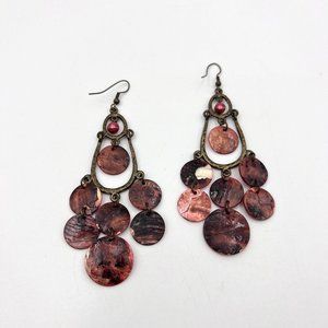 Red Maroon Burgundy Wine Colored Shell Chandelier Circle Disk Earrings Long 4”